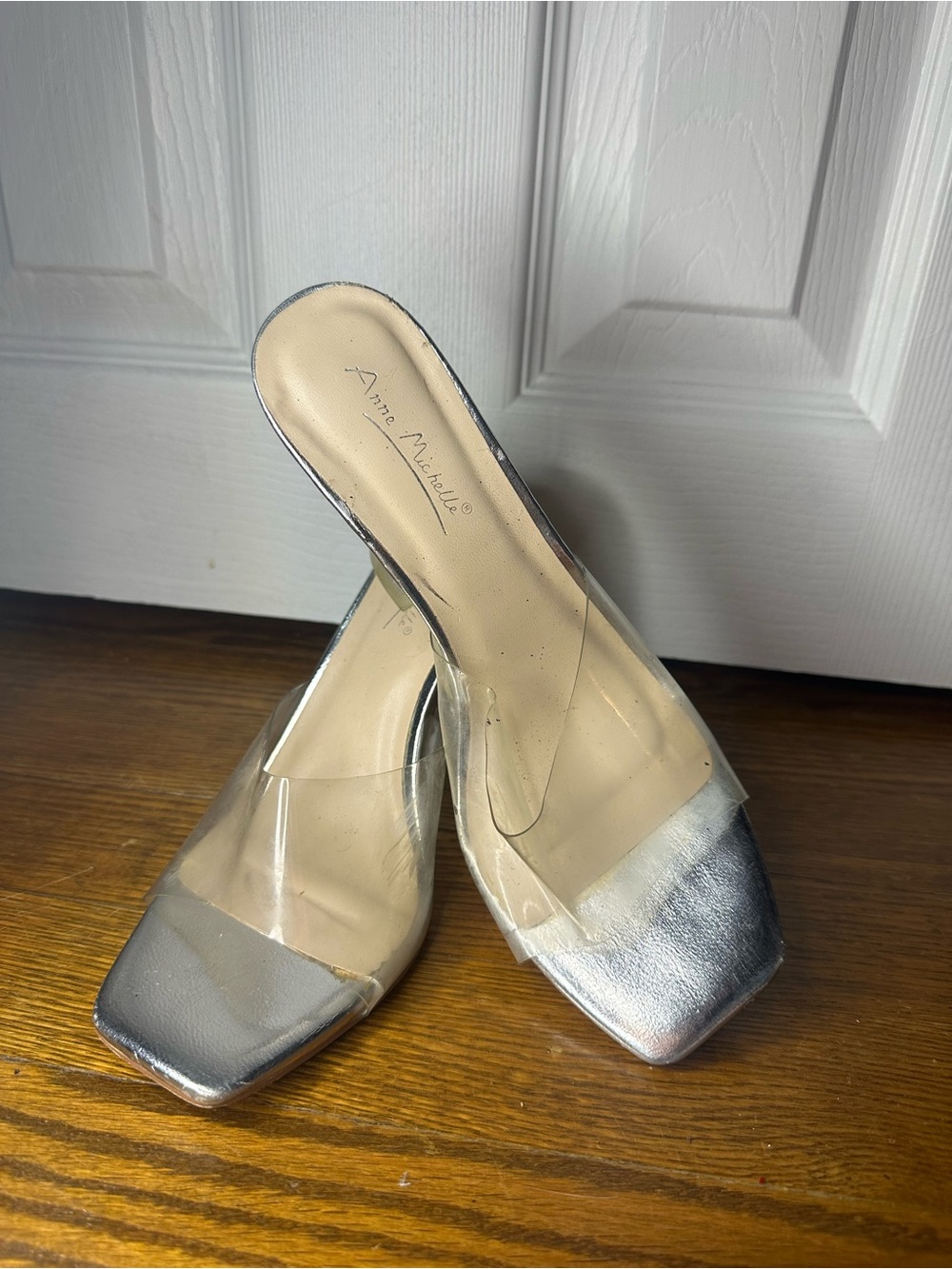 Anne Michelle Silver and Clear Slip-On Mule Heels
